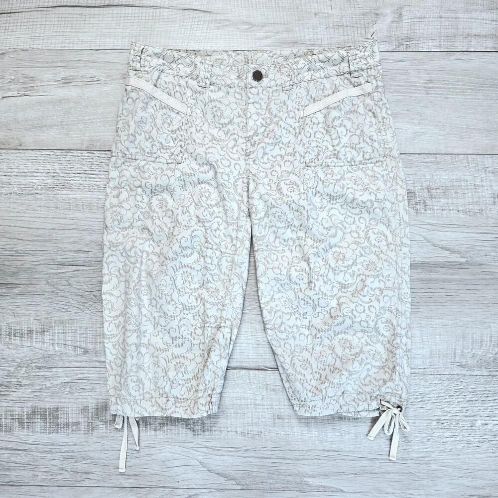 Prana Cream Tan Capri Pants Womens 8 Mid Rise Drawstring Hem Regular Fit Floral